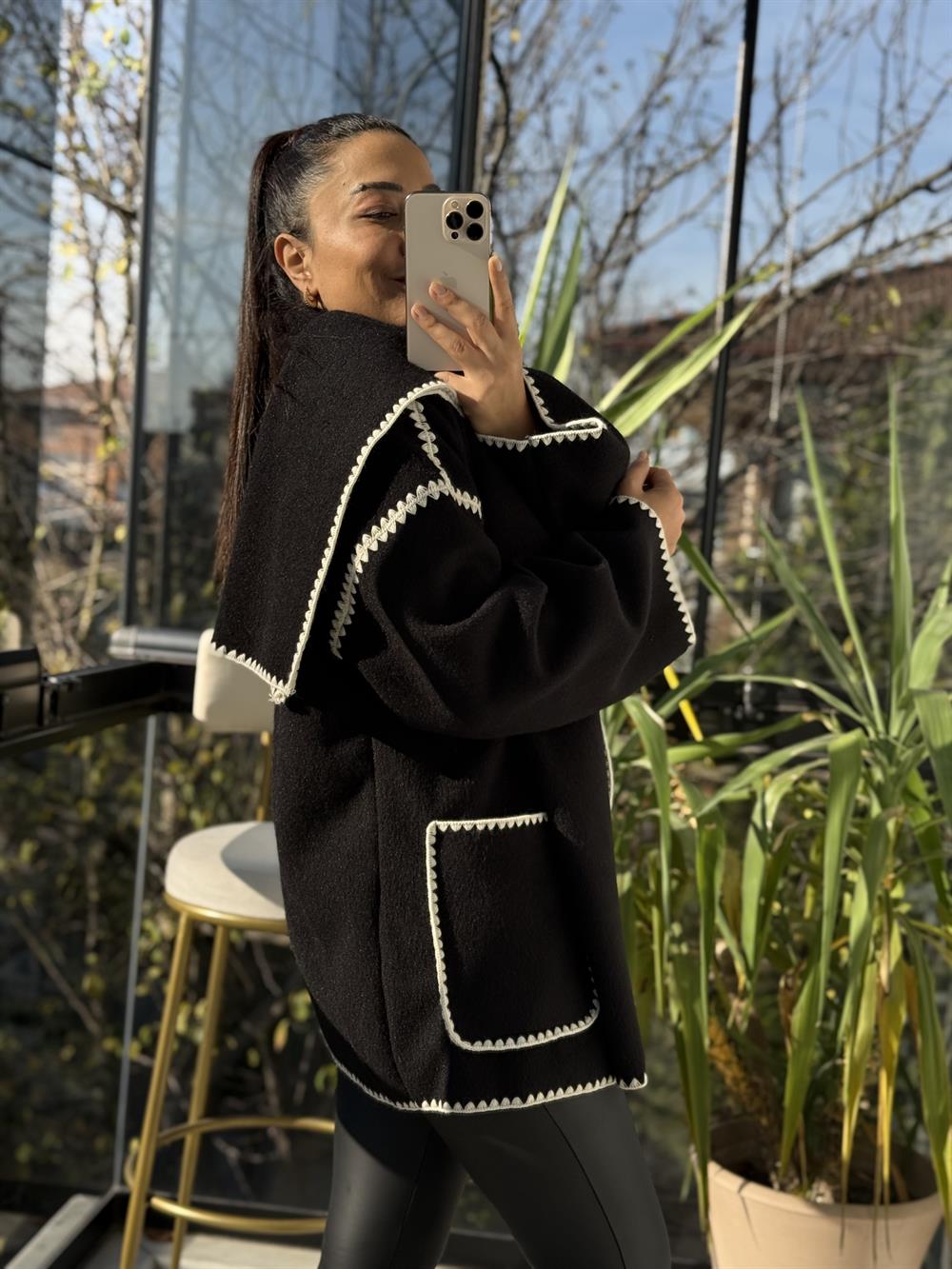 Şal Yaka Kaşe Kimono Ceket Siyah