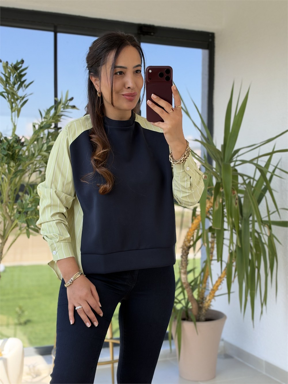 Kolu Ve Arkası Çizgili Poplin Modal Sweatshirt Yeşil