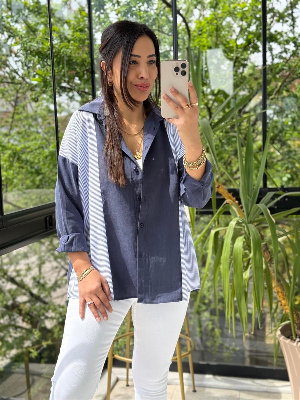 Mix Kumaş Taşlı Gömlek Lacivert