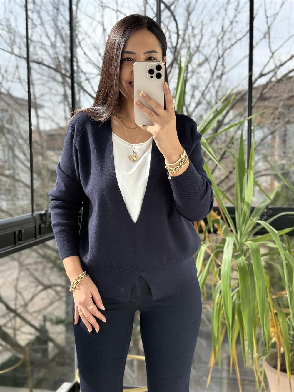 Çift Parça Görünümlü Triko Lacivert