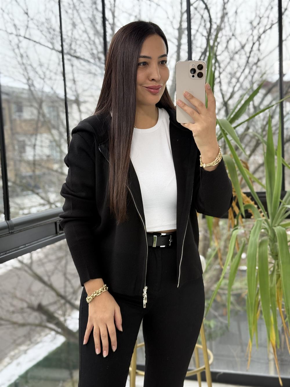 Çift Fermuarlı Kapüşonlu Yumoş Basic Hırka Siyah