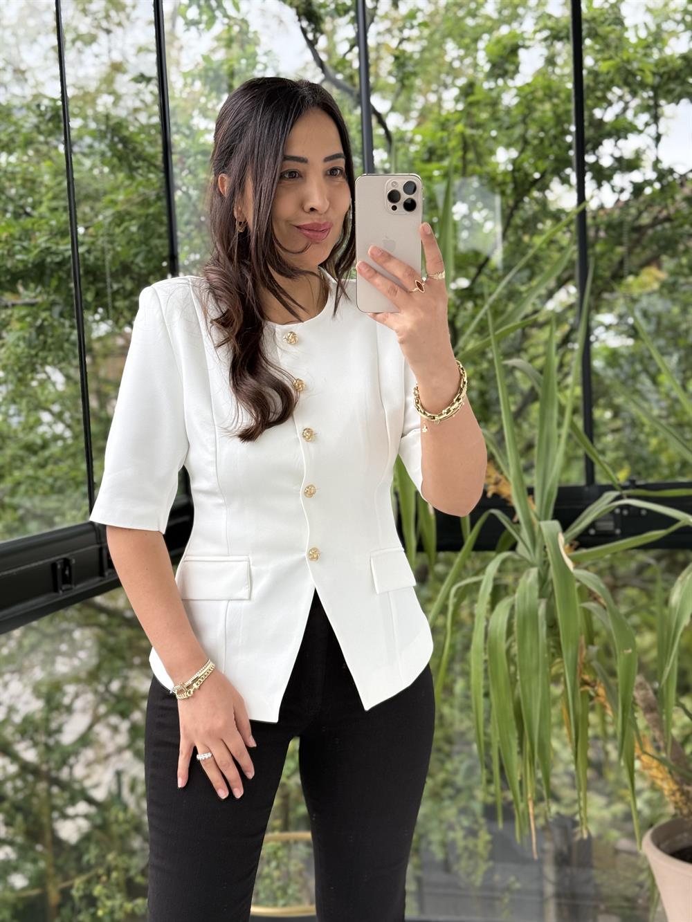 Slimfit Mini Gold Düğme Kısa Kol Blazer Beyaz