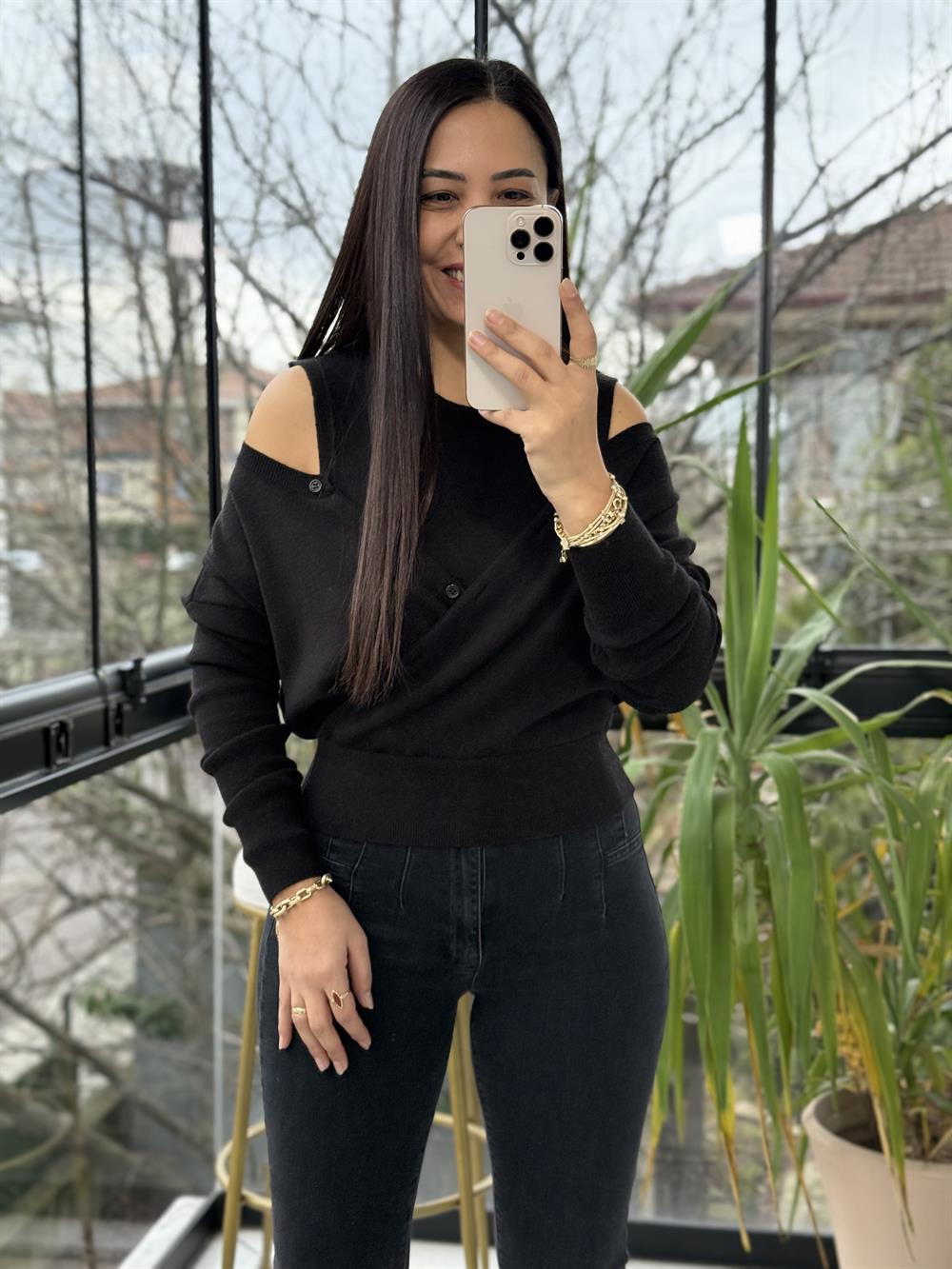 Çift Parçalı Triko Bluz Siyah