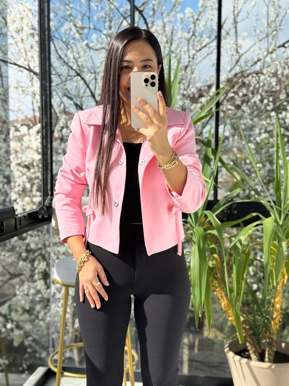 Uzun Kol Fiyonklu Blazer Ceket Pembe