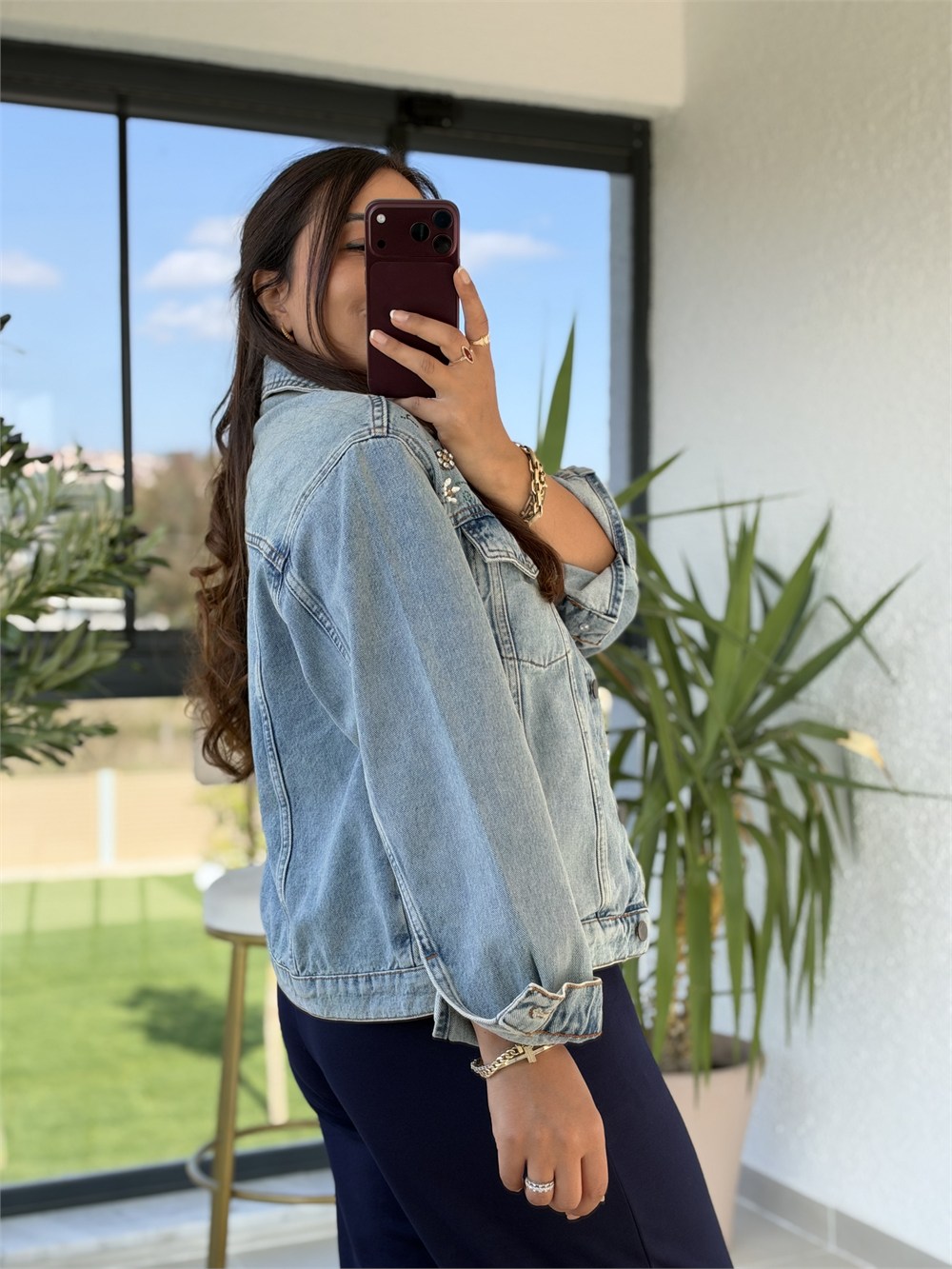 Floral Taşlı Relax Kot Ceket Kar Yıkama