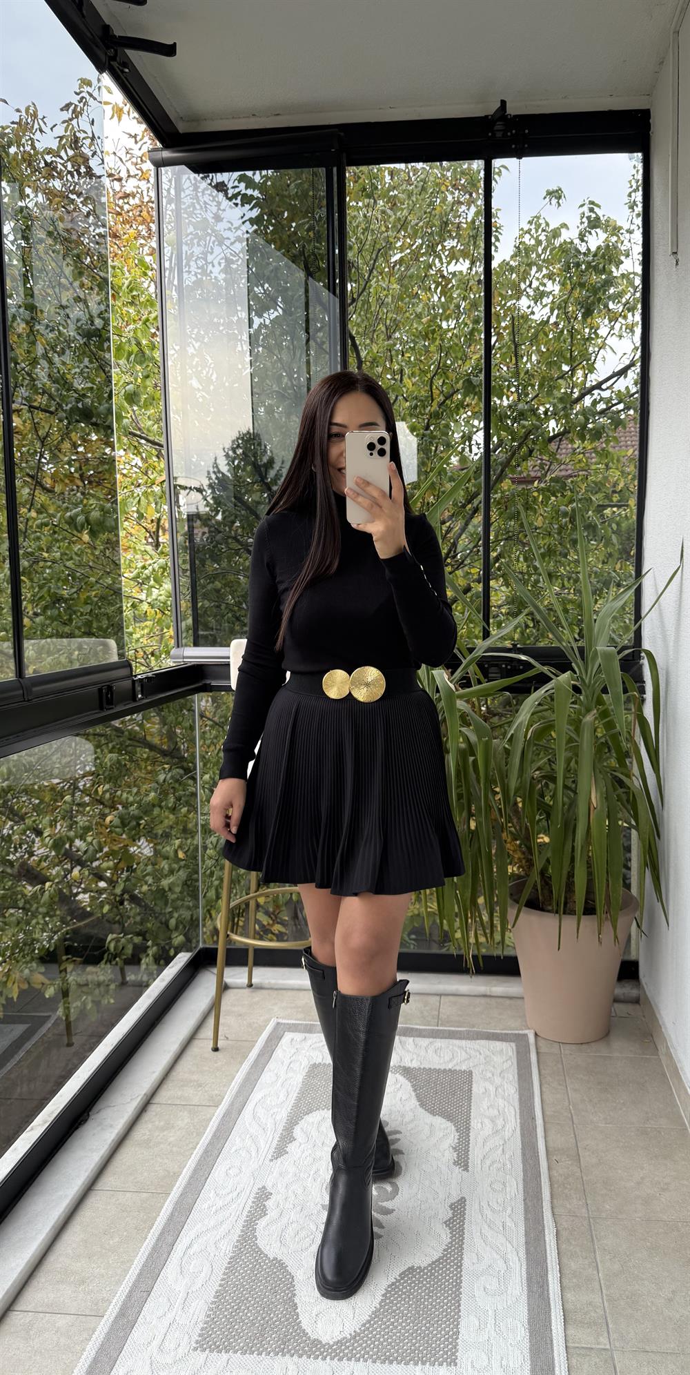 Piliseli Beli Lastikli Etek Siyah