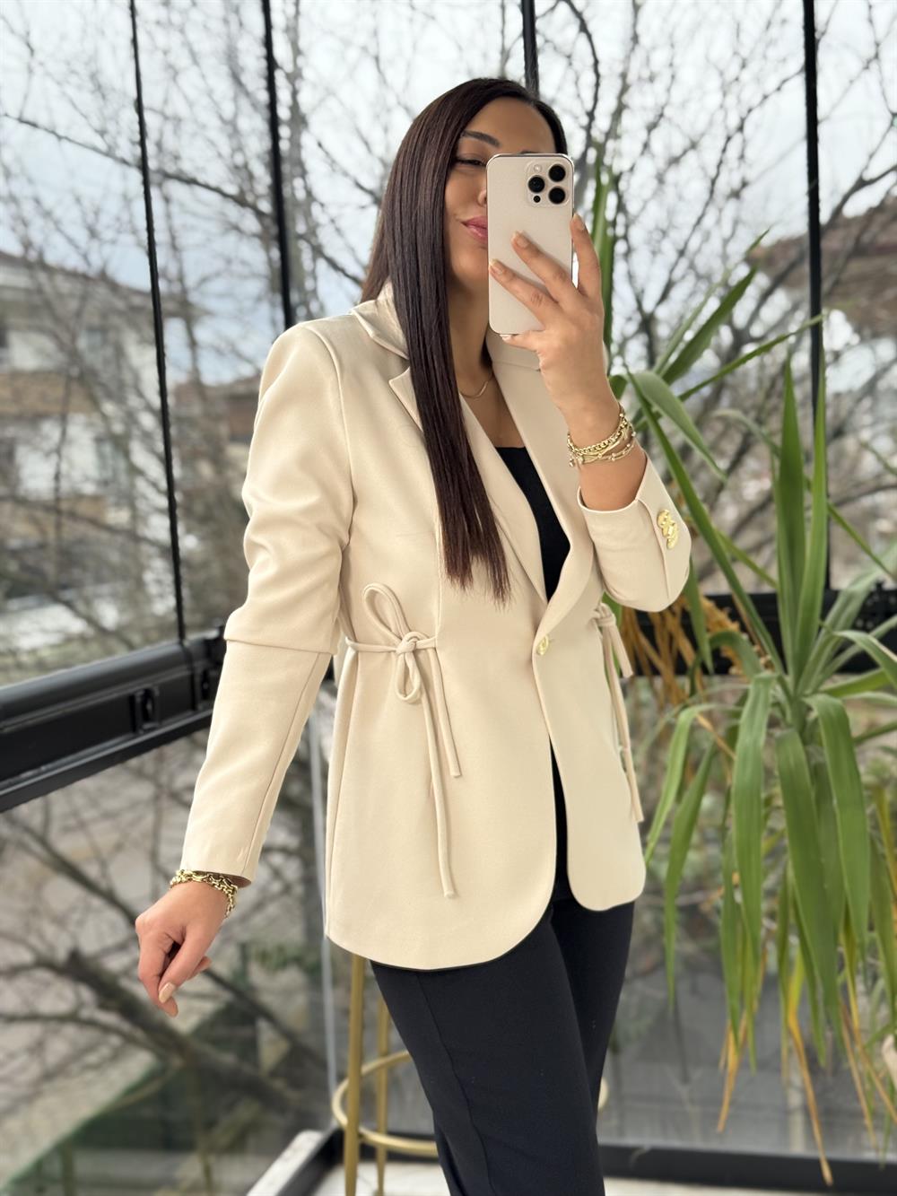 Yanı Bağcıklı Slim Blazer Ceket Taş