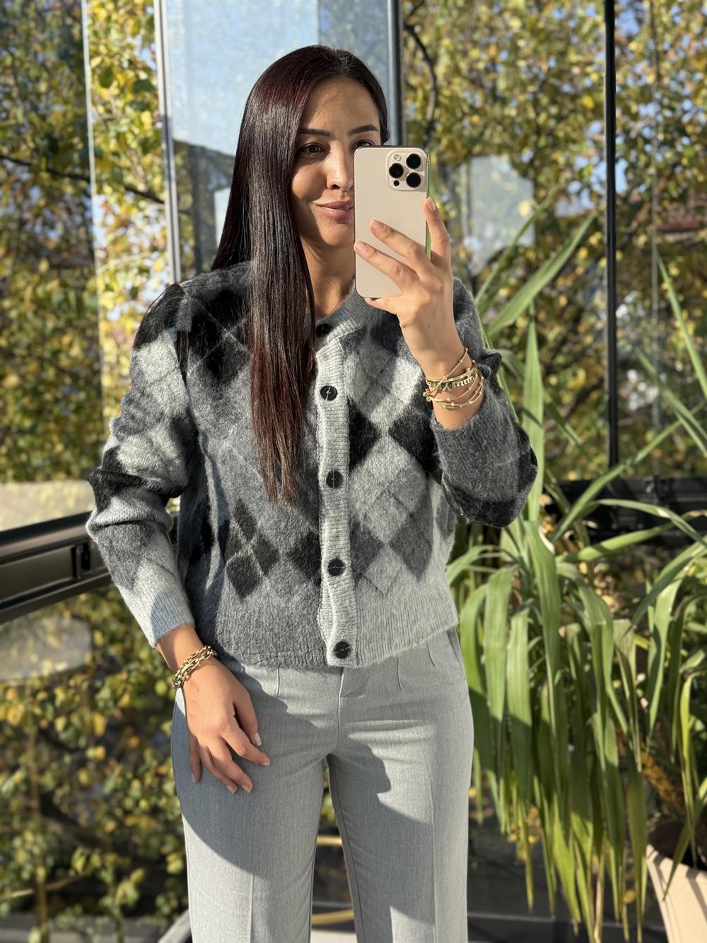 Kısa Baklava Desenli Hırka Antrasit