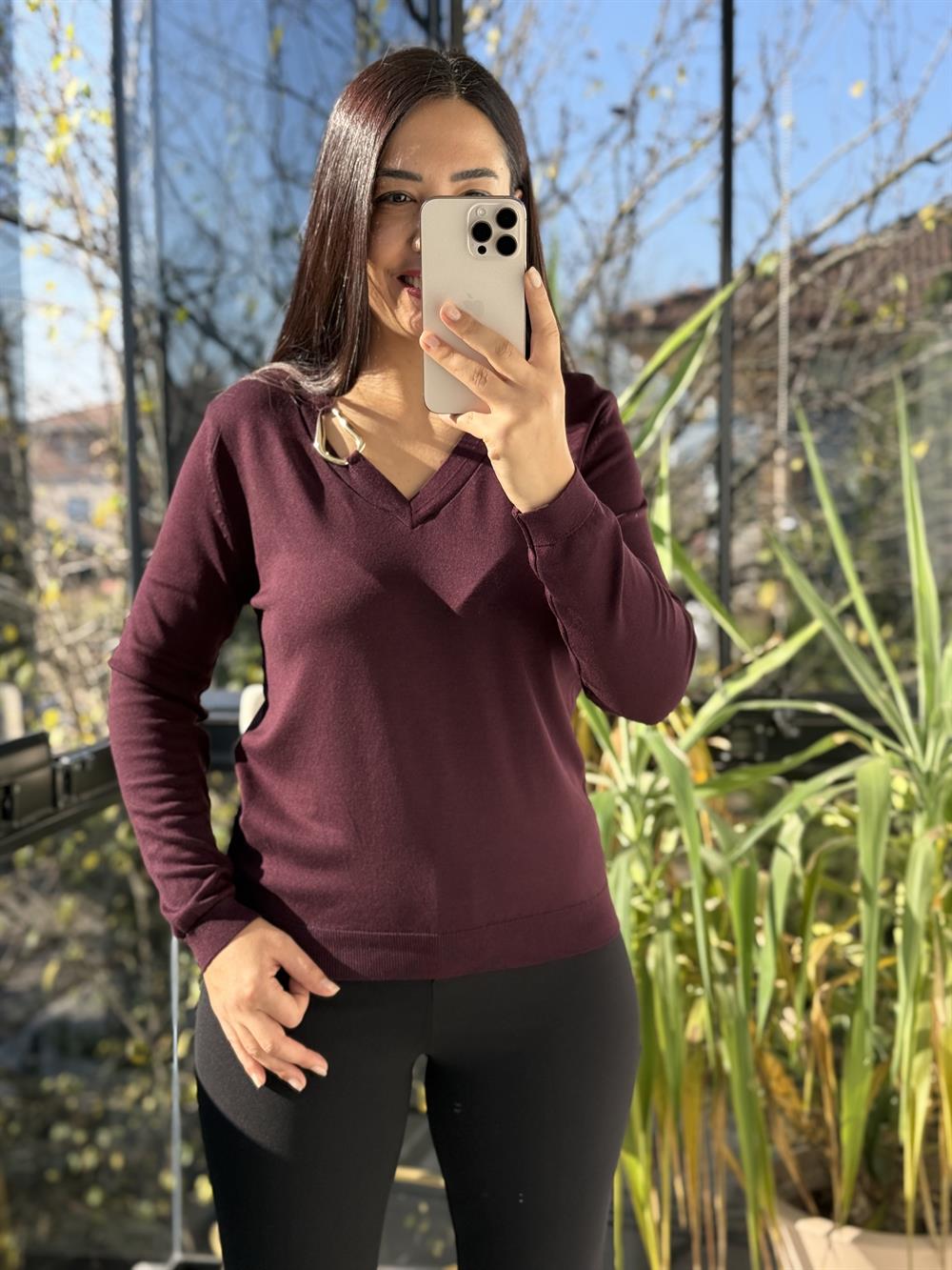 Aksesuar Yaka Detaylı Merserize Triko Mürdüm