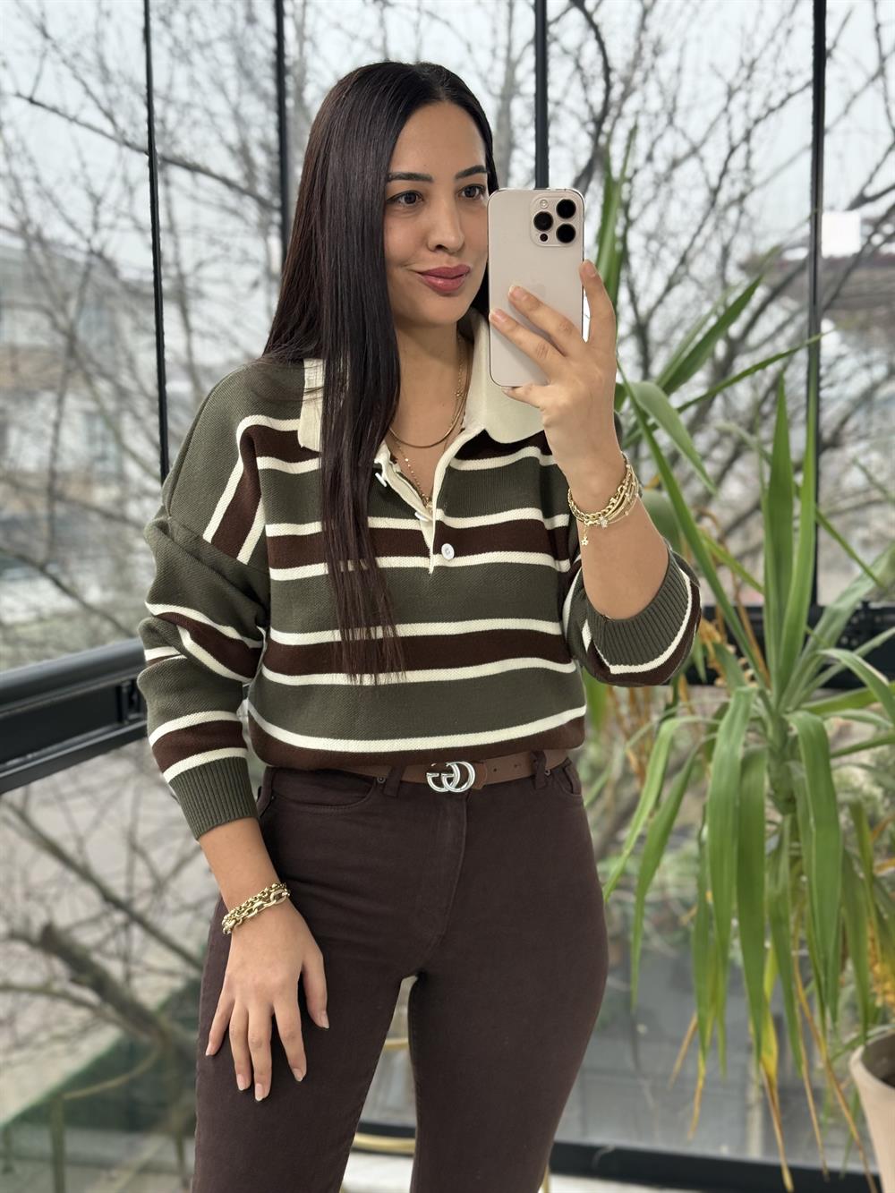 Polo Yaka Çizgili Triko Kazak Haki Yeşili