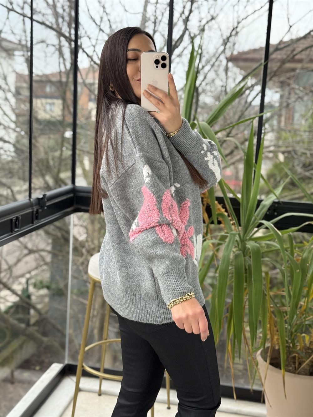 Çiçek Nakışlı Kazak Pembe