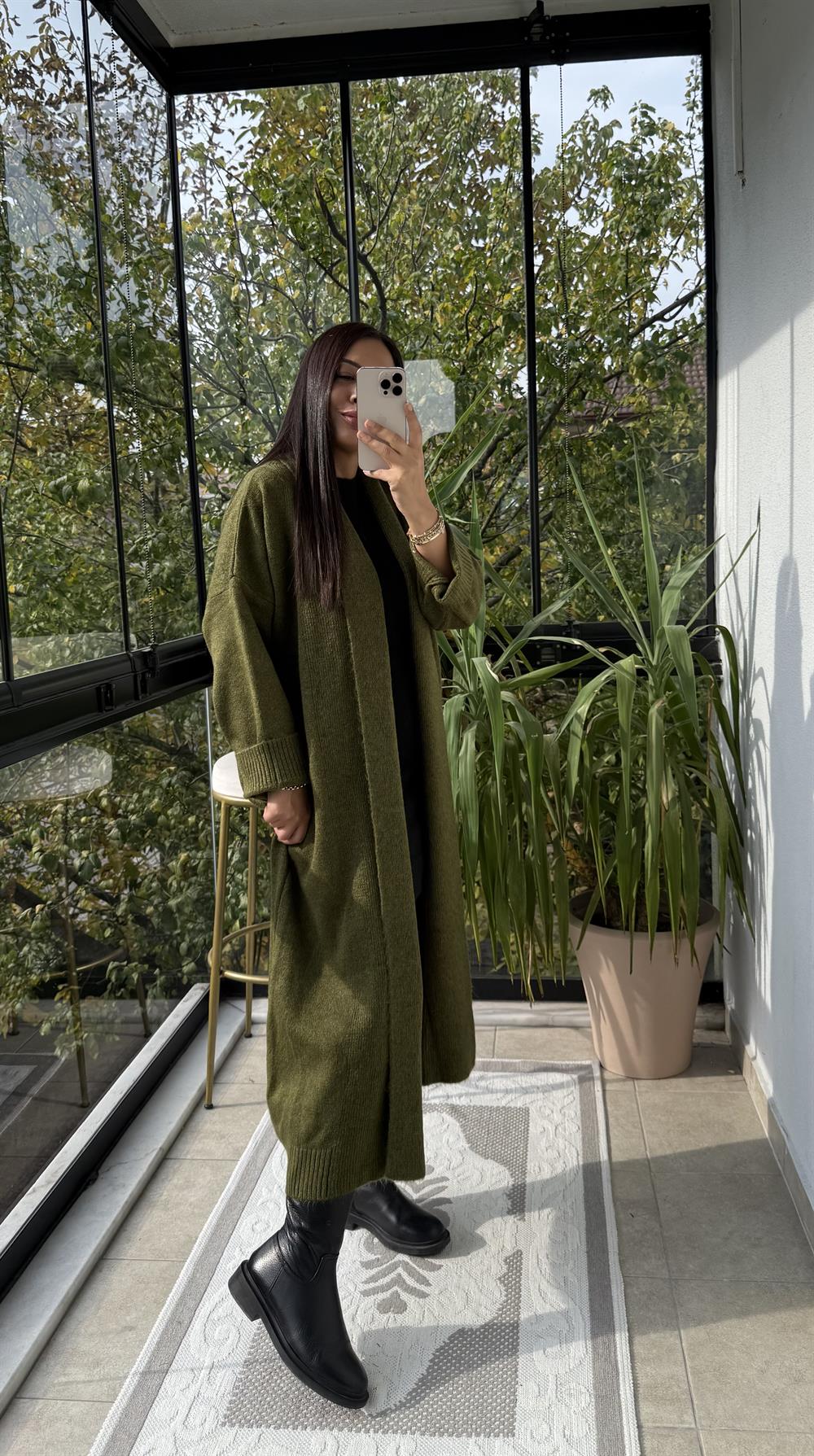 Şal Yaka Uzun Hırka Yeşil