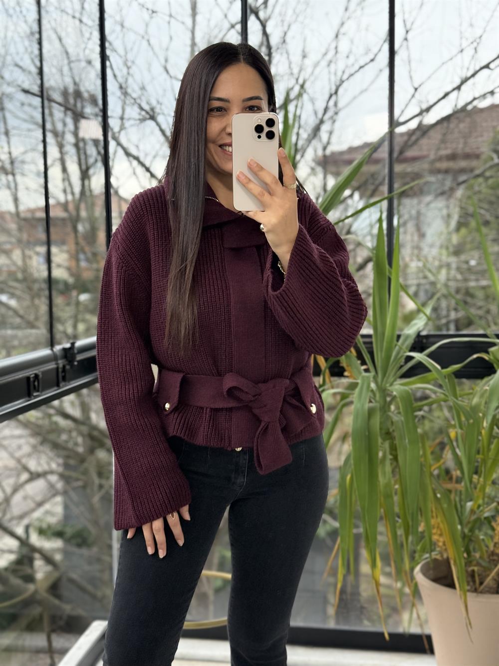 Dilvin Fermuarlı Kemerli Düğmeli Yünlü Triko Hırka Bordo