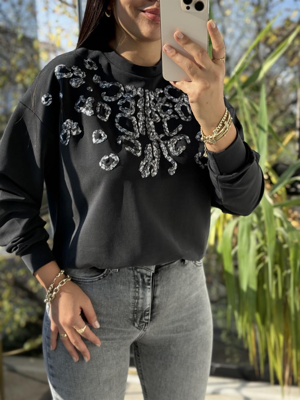 Payetli Modal Sweatshirt Antrasit