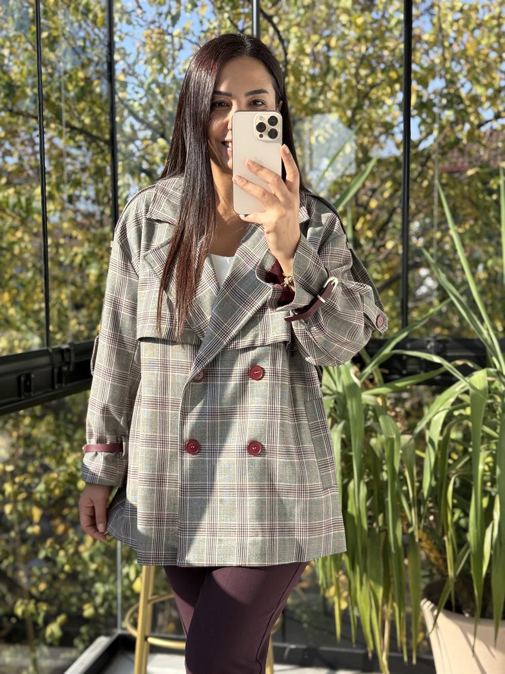 Ekose Kemerli Trenç Bordo