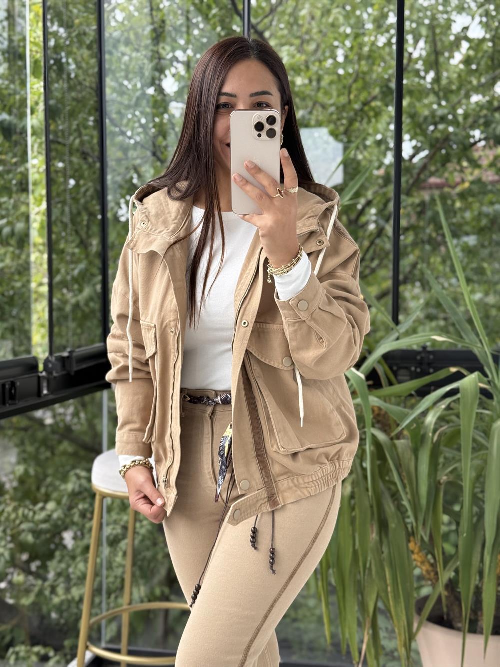 Kapüşonlu Kot Ceket Camel