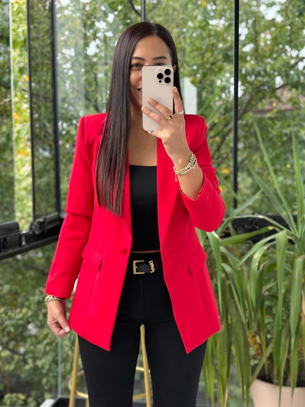 Tek Düğme Blazer Ceket Kırmızı