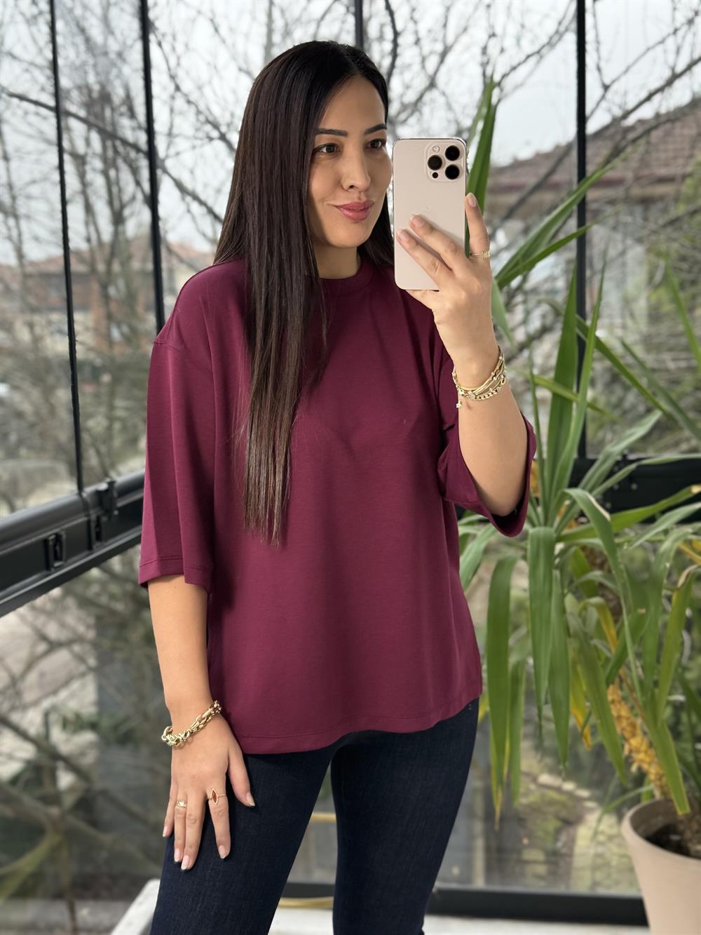 Oversize Yanları Yırtmaçlı Modal Tişört Bordo