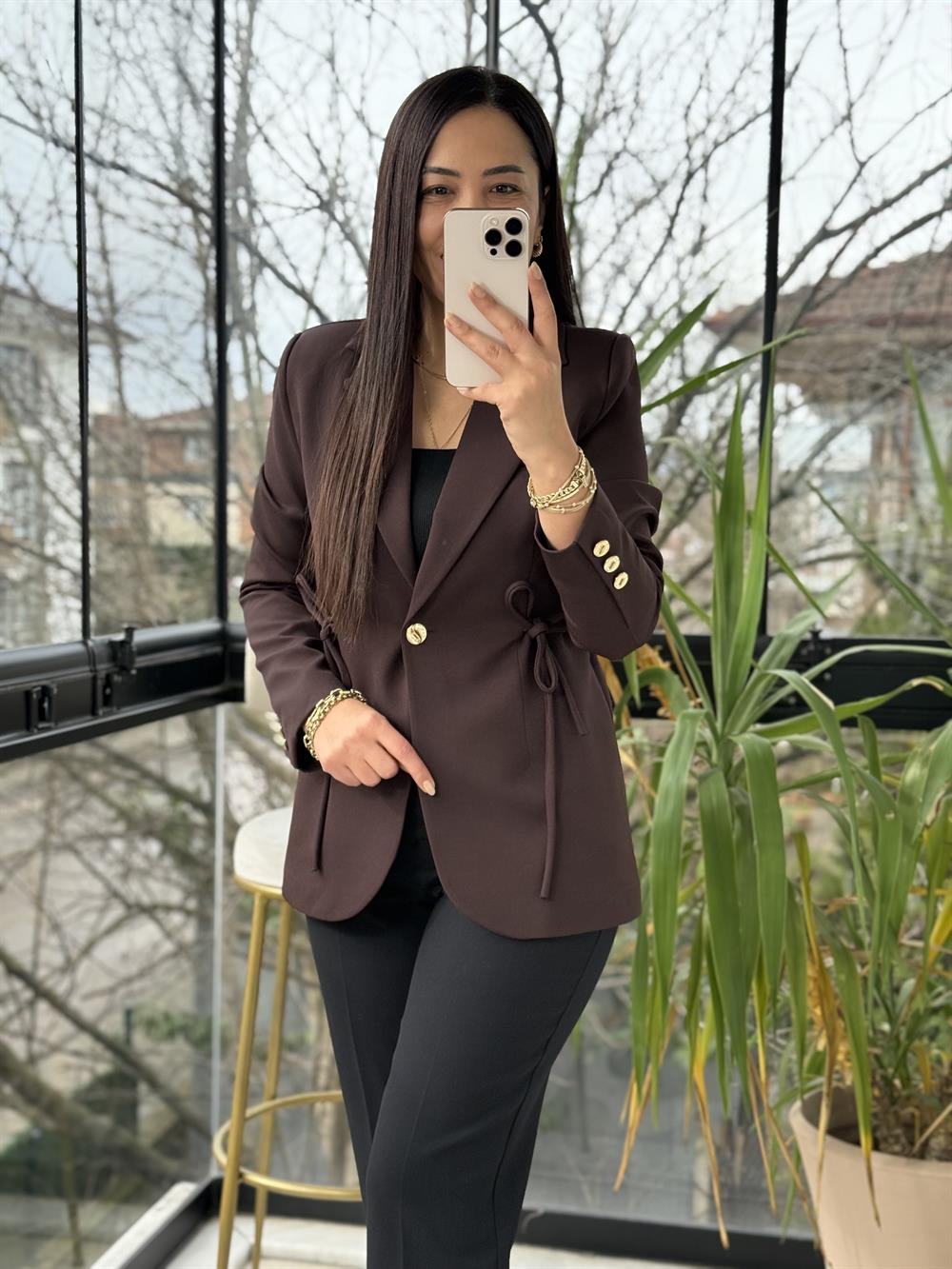 Yanı Bağcıklı Slim Blazer Ceket Kahve 