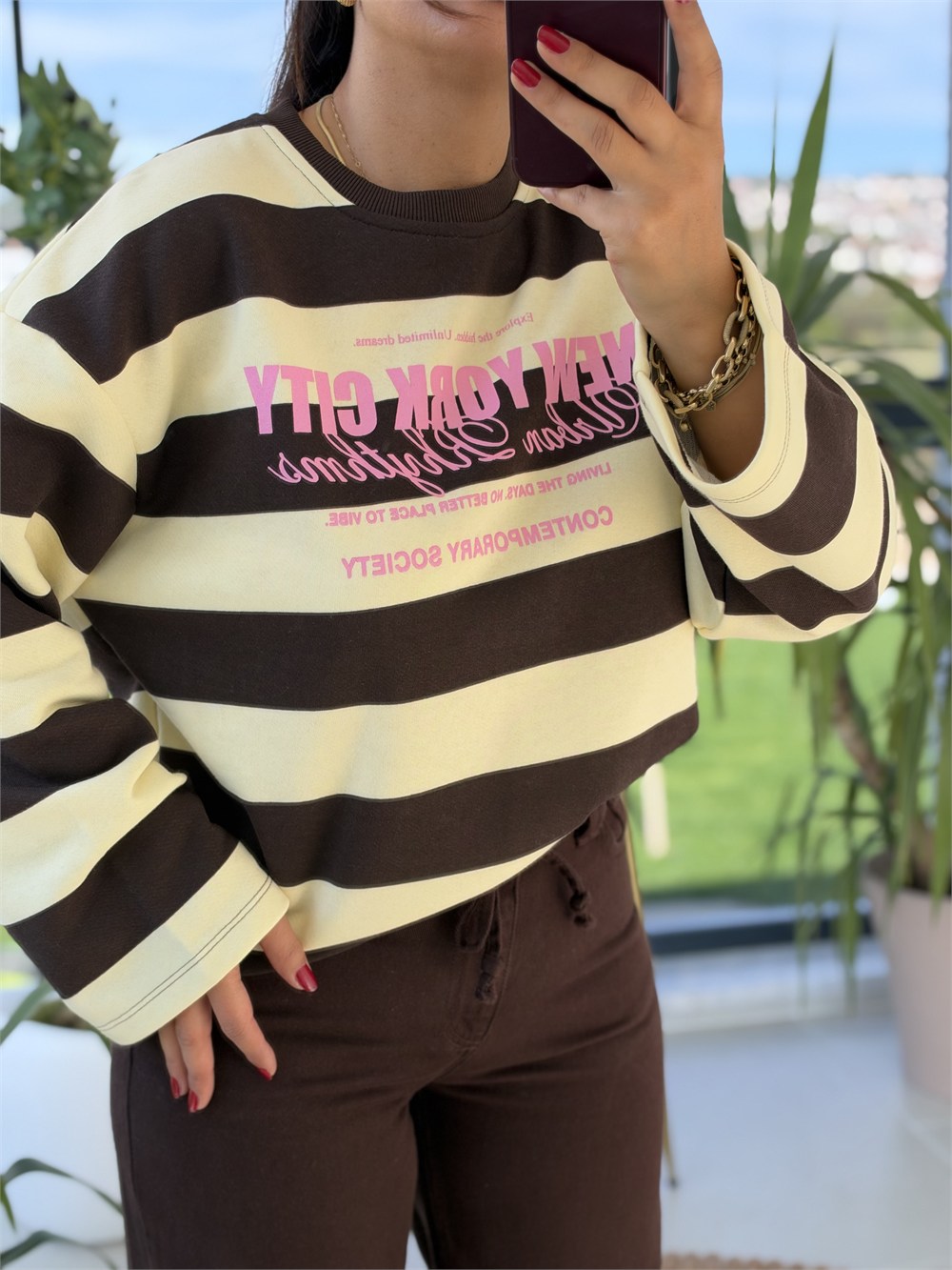 Kalın Çizgili New York Ctiy Sweatshirt Sarı