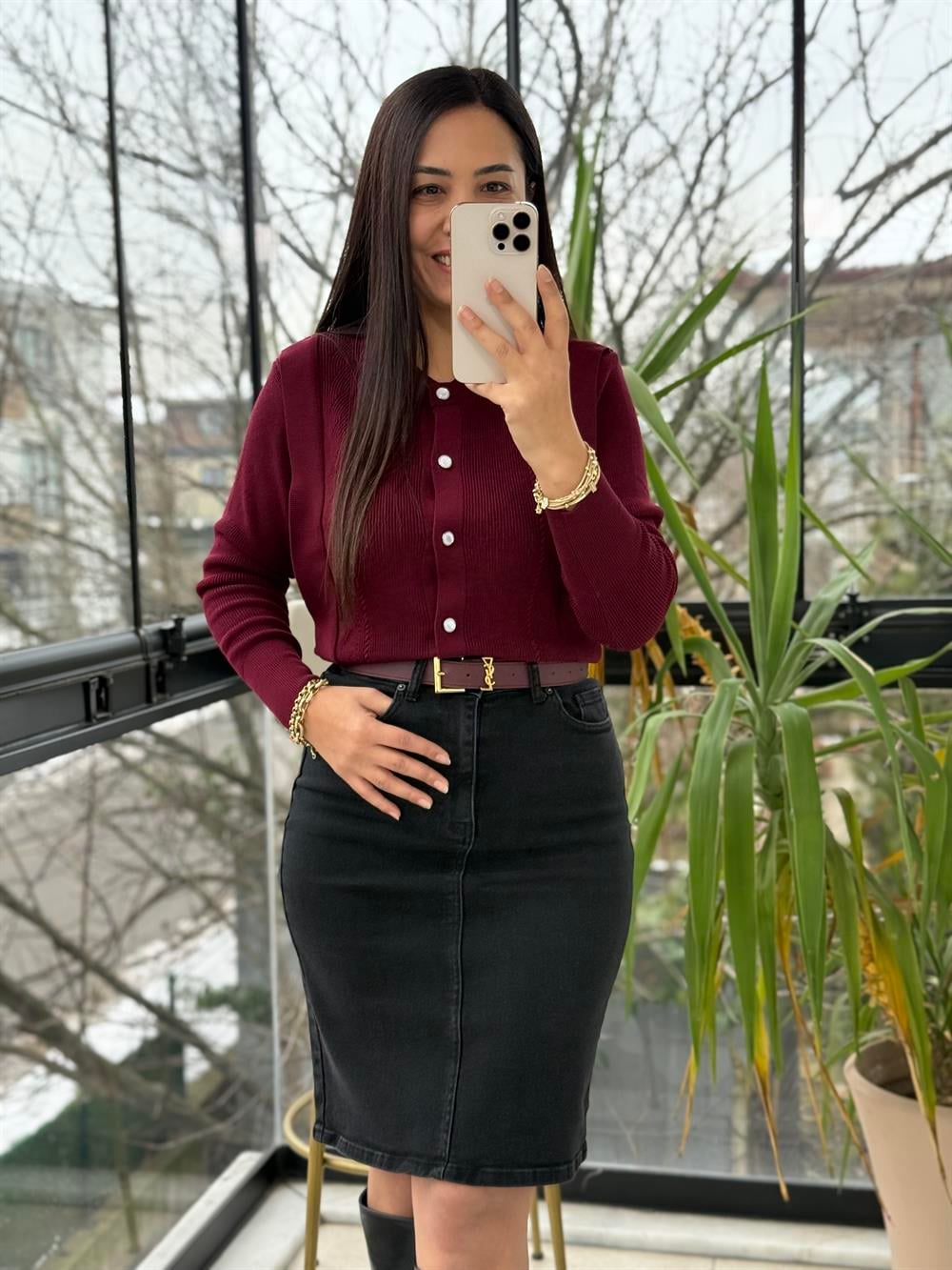 Triko Detaylı Bluz Bordo