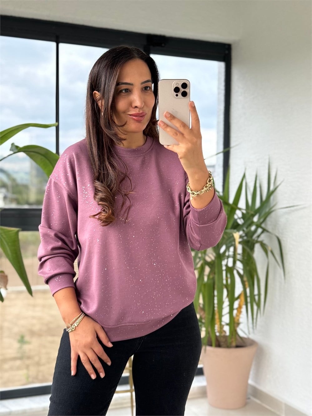 Simli Oysh Sweatshirt Mürdüm