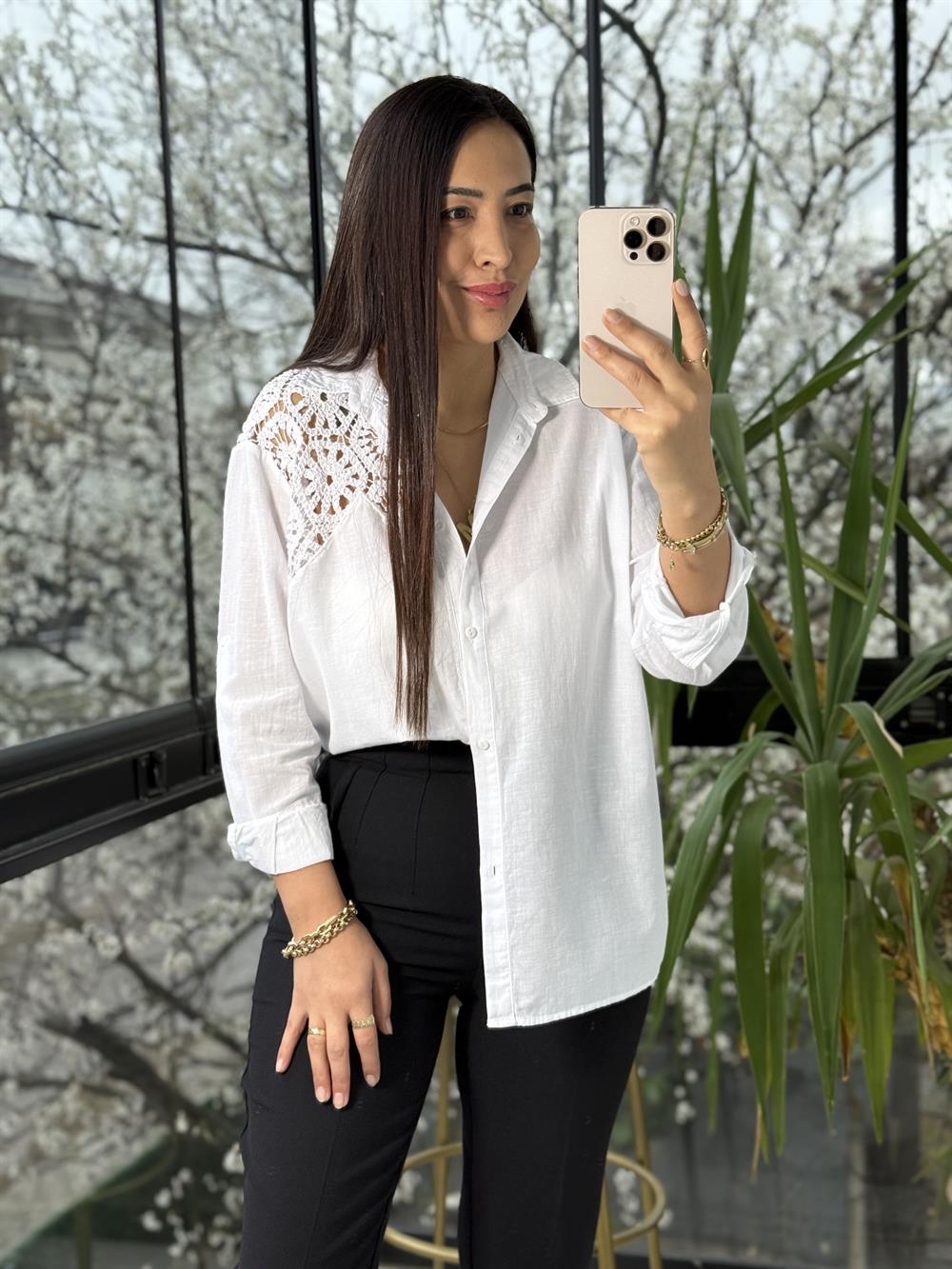 Omuz Dantel Detaylı Natural Gömlek Beyaz