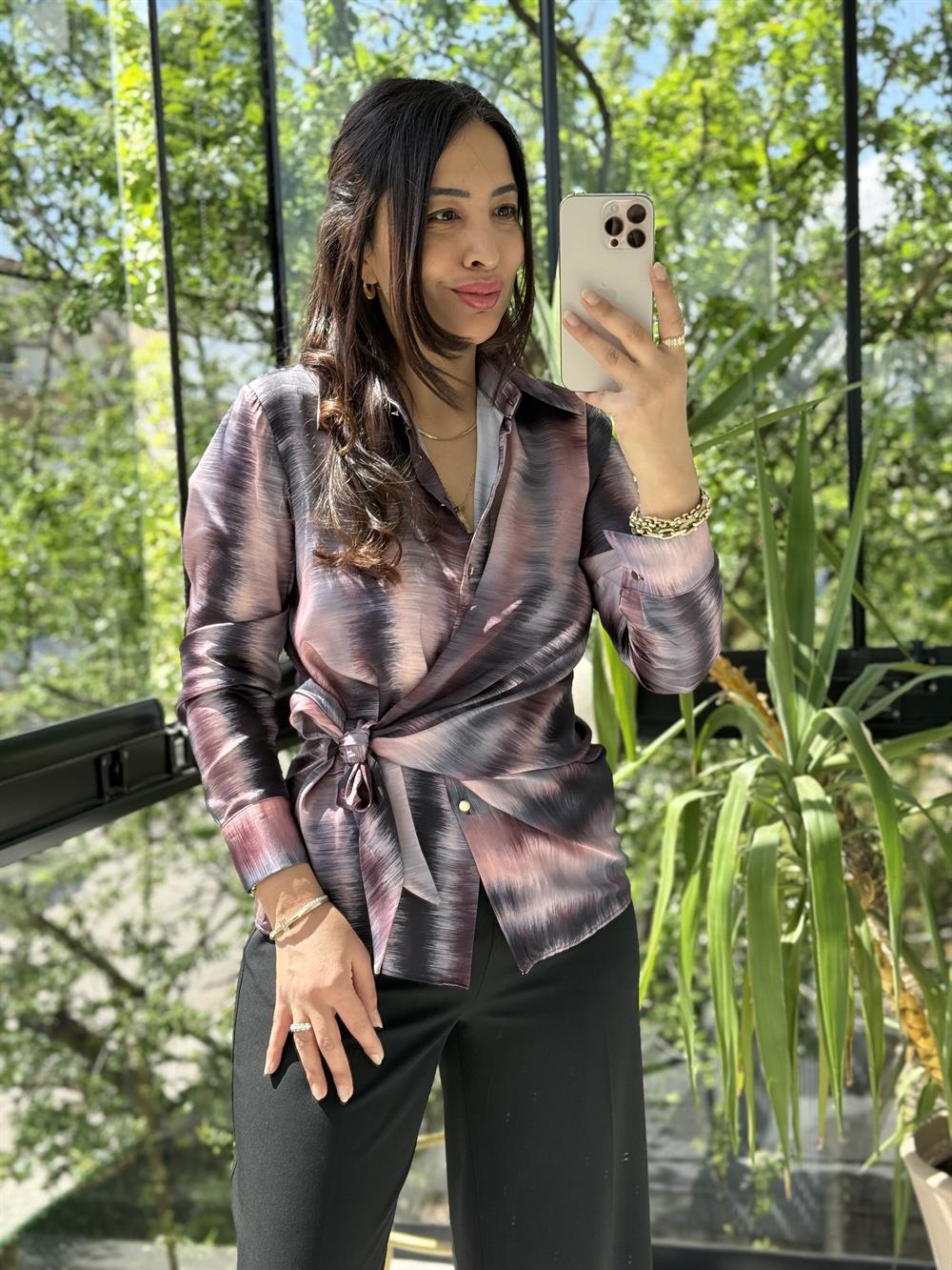 Yandan Bağlamalı Şifon Saten Gömlek Pembe