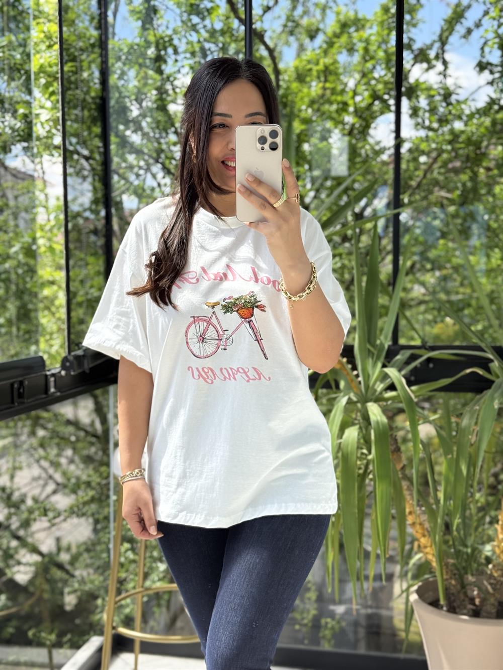 Pembe Bisikletli Tişört Ekru