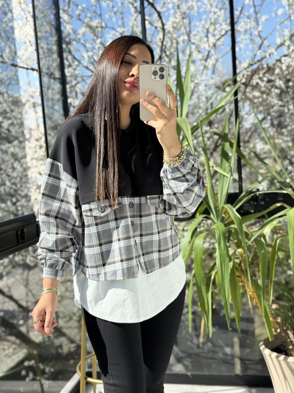 Mix kumaş Sweat Gömlek Siyah