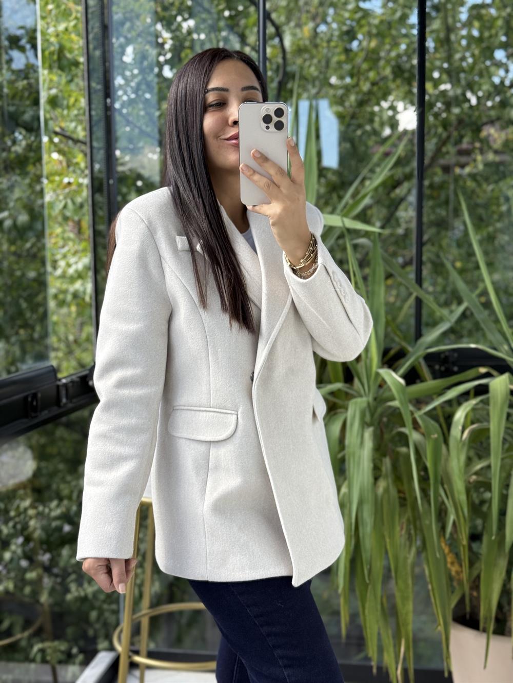 Kaşe Slim Blazer Ceket Krem