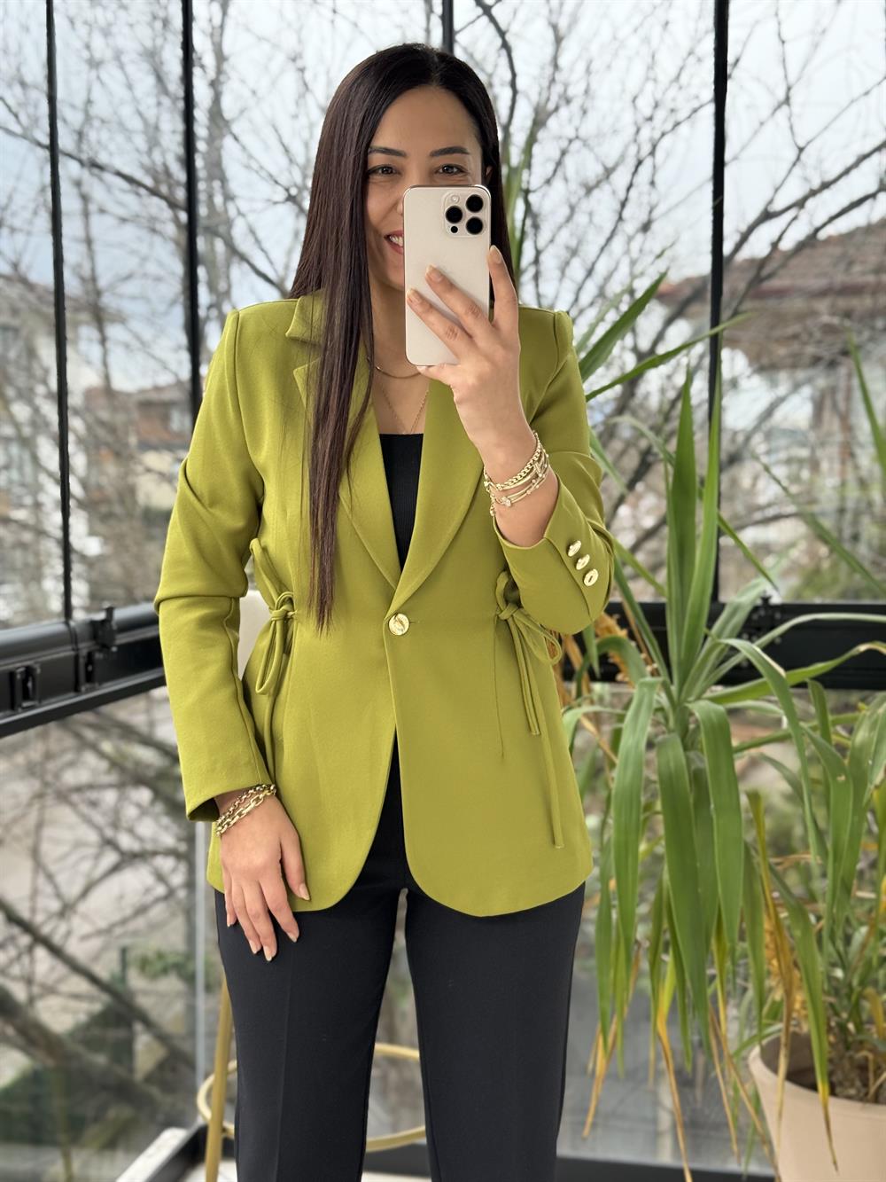 Yanı Bağcıklı Slim Blazer Ceket Kivi Yeşili