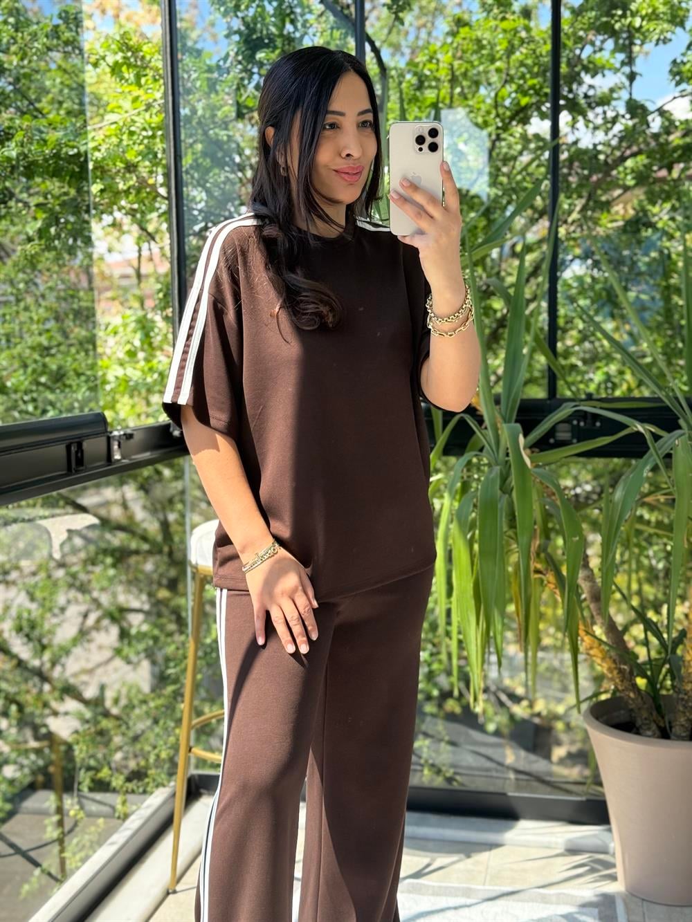 Şerit Detaylı Cool Takım Kahve