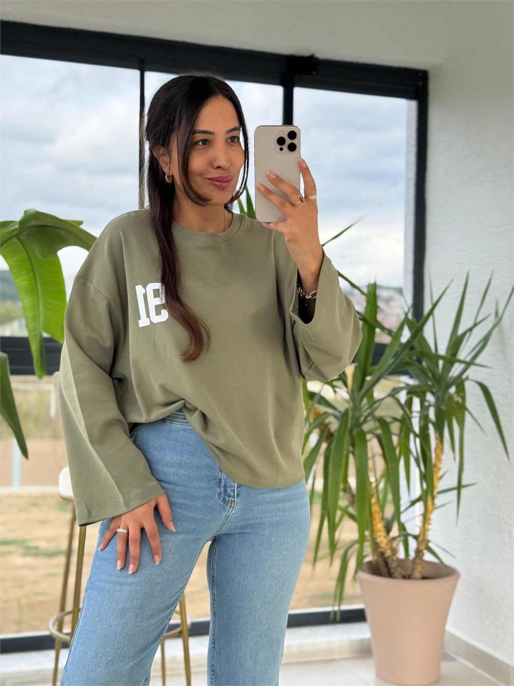 91 Baskılı Basic Sweatshirt Haki Yeşili