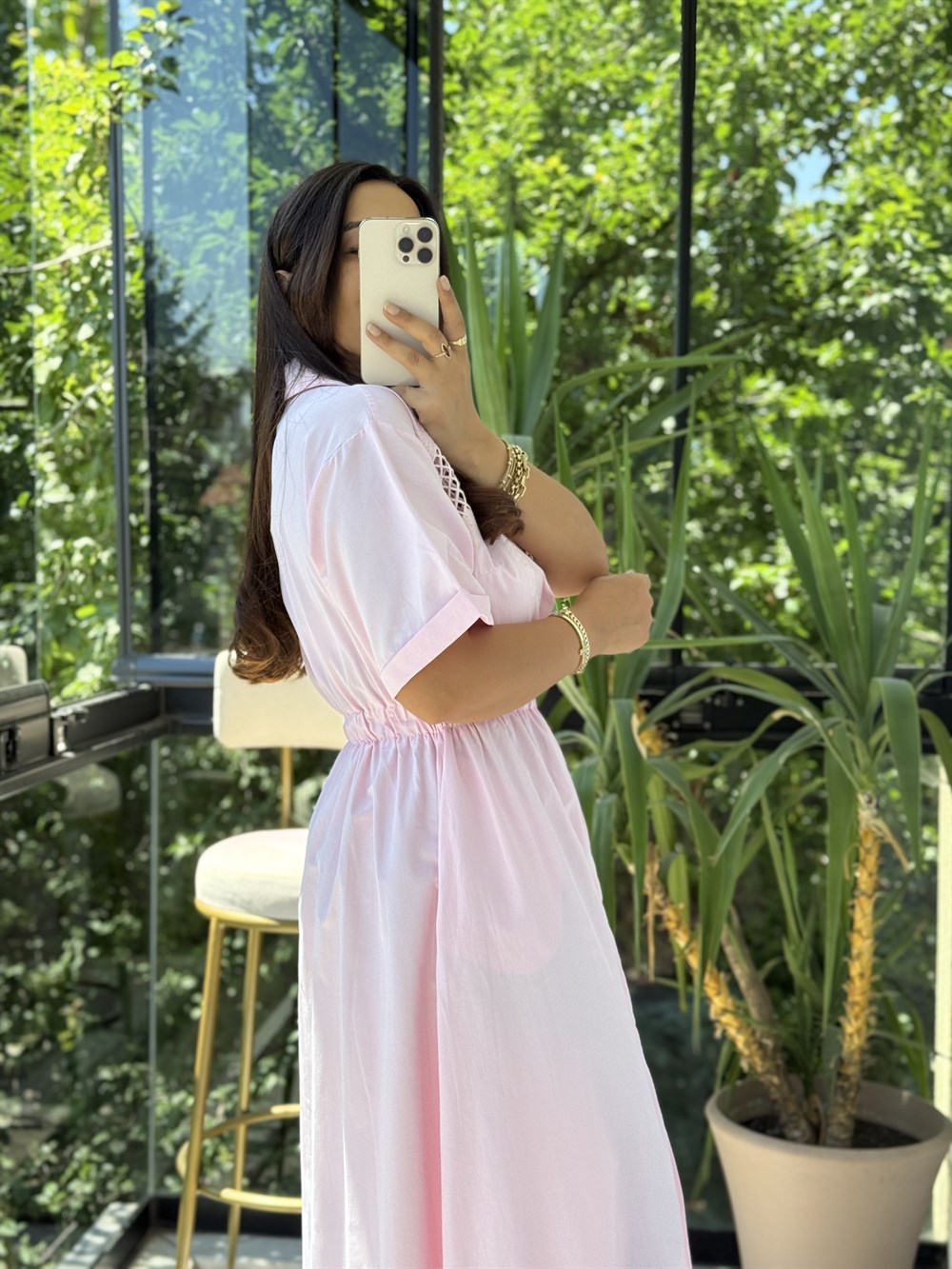 Nakışlı Fermuar Detaylı Elbise Pembe