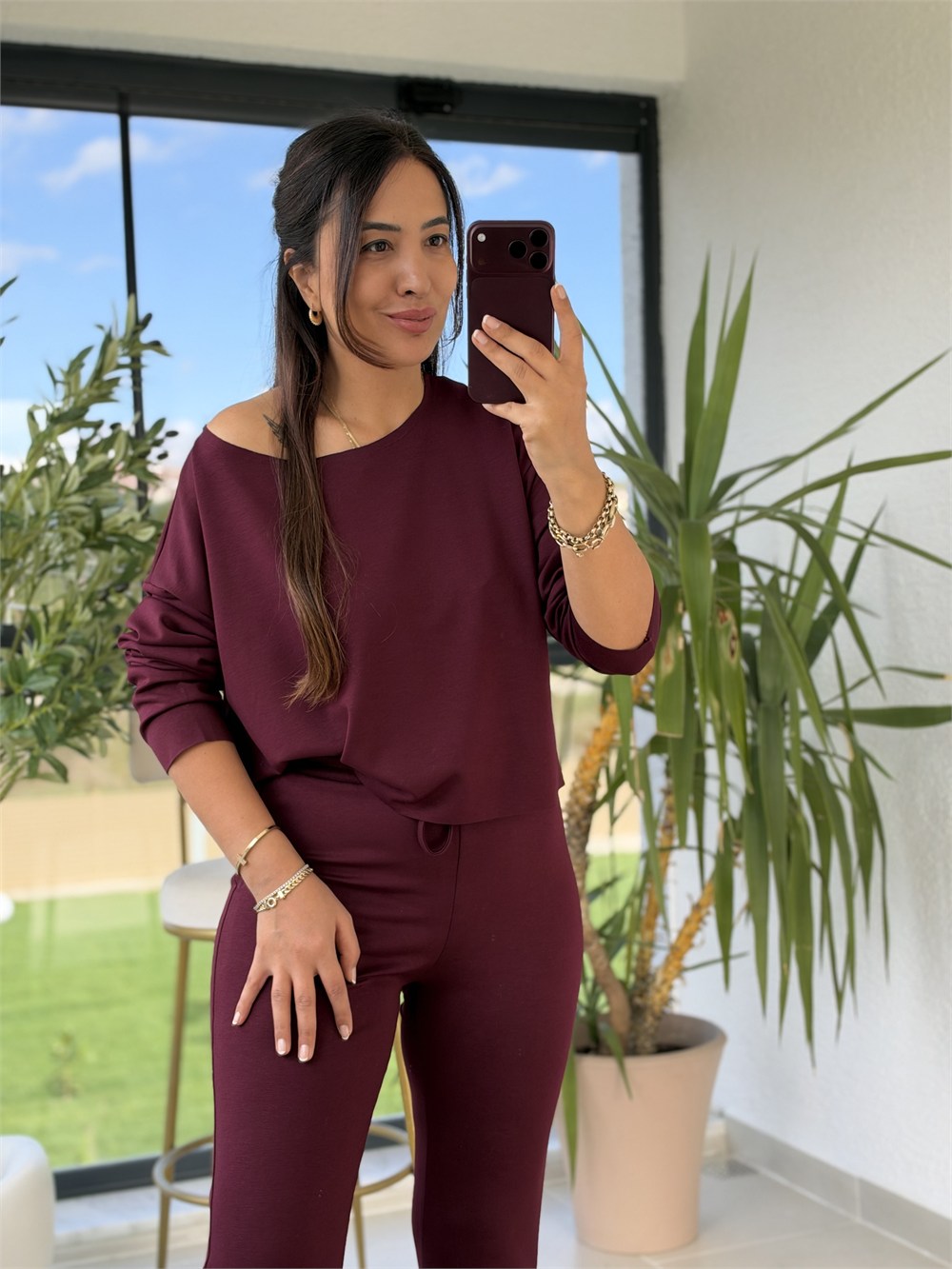 Kayık Yaka Bluzlu Takım Bordo