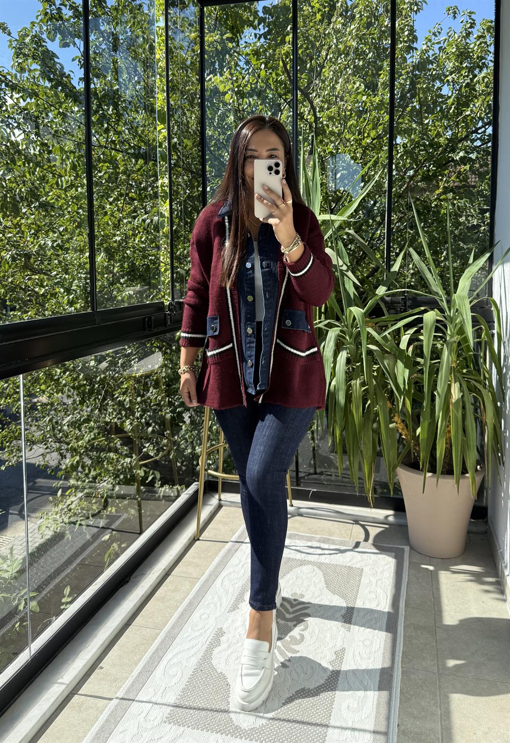 Angora Hırka Kot Detaylı Bordo