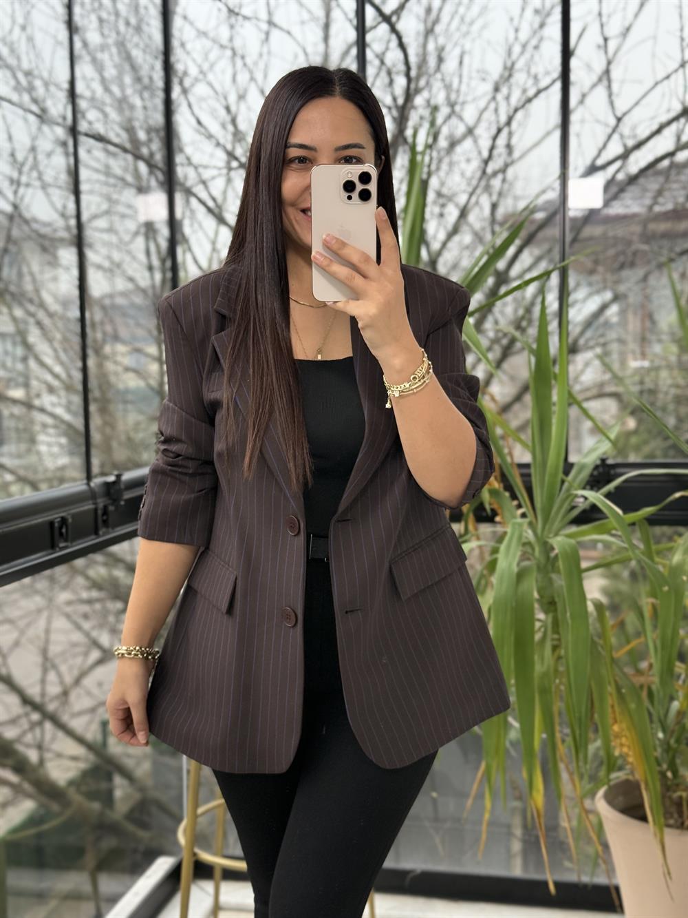 Çizgili Bezayağı Blazer Ceket Kahve