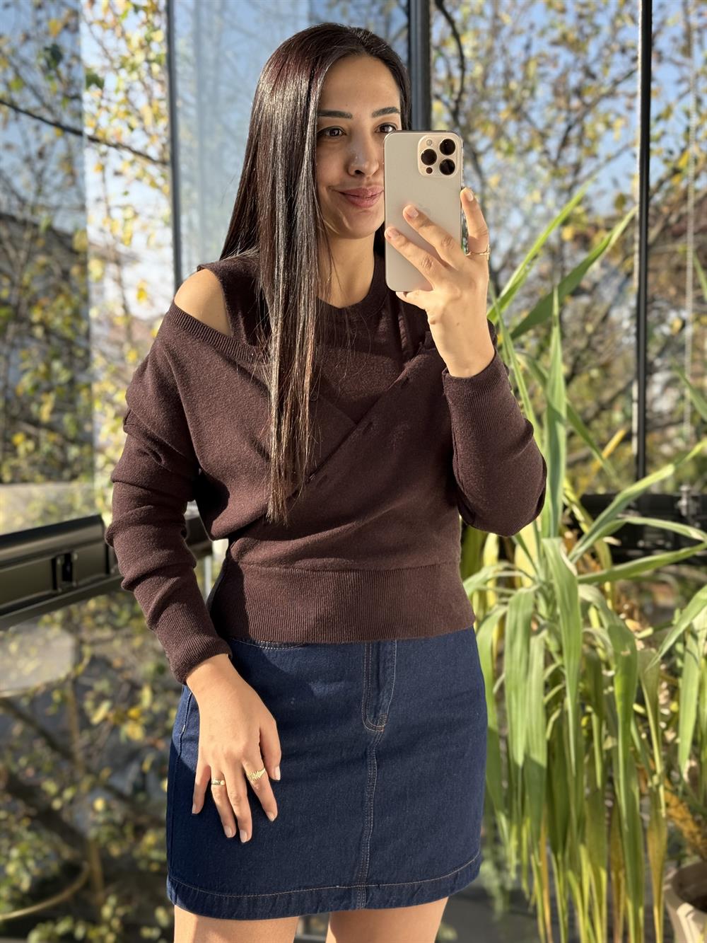 Çift Parçalı Triko Bluz Kahve