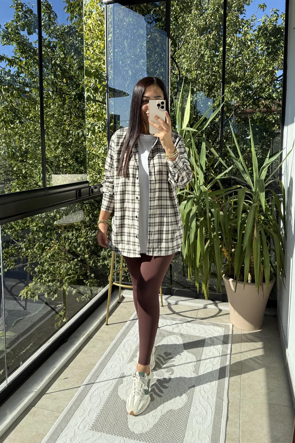 Ekoseli Oversize Gömlek Bej