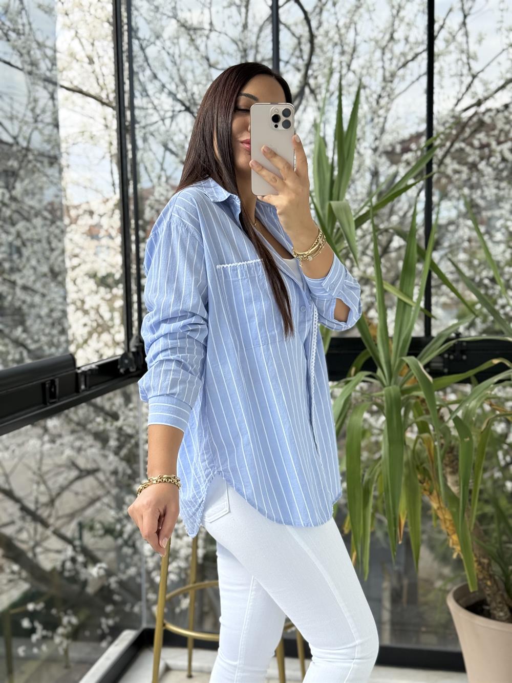 Motif Çizgili Cepli Gömlek Mavi