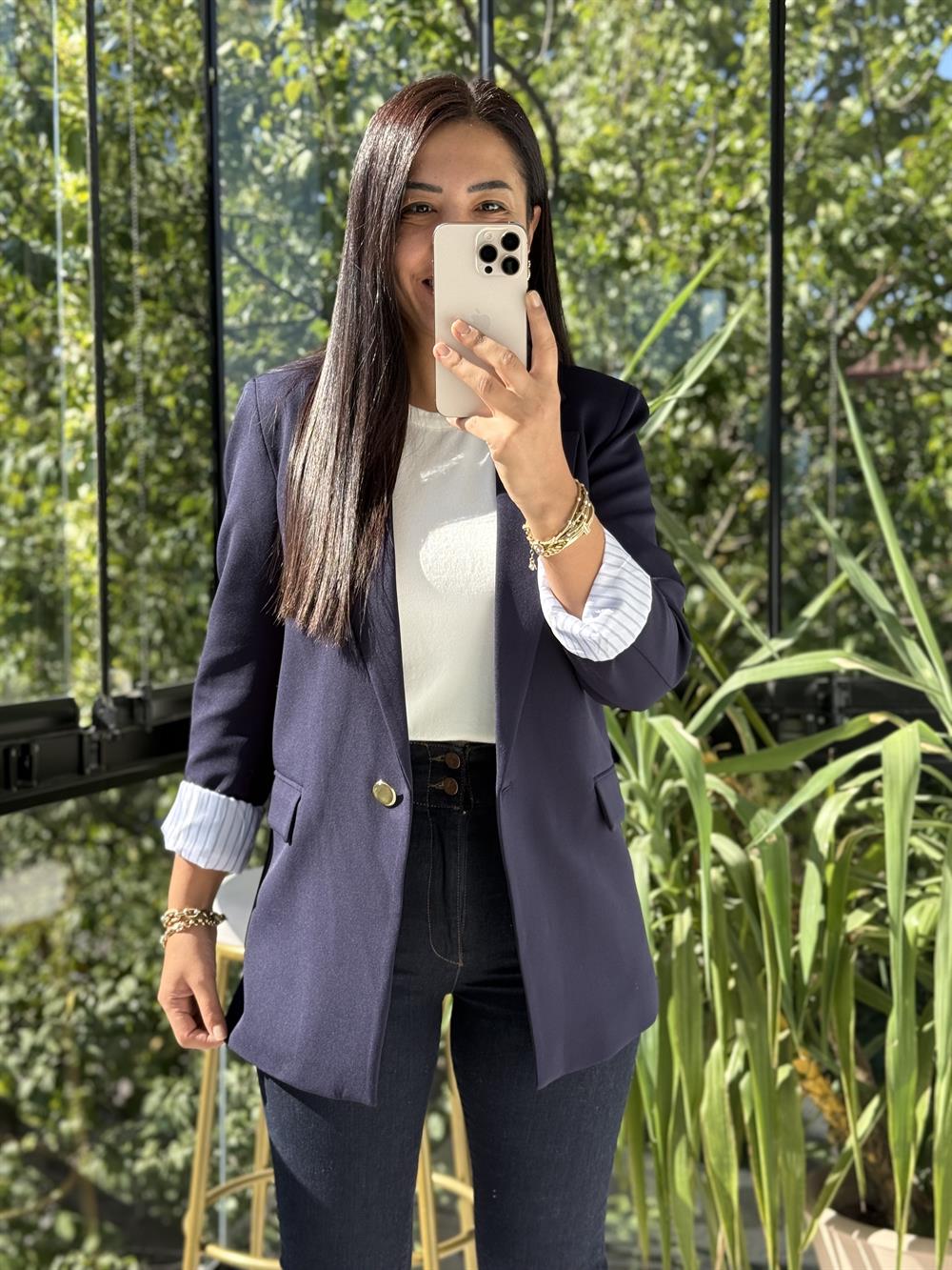 Kol Astarı Garnili Tek Düğme Blazer Ceket Lacivert