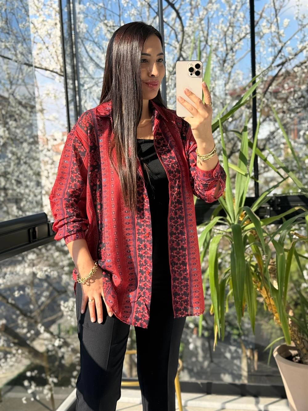 Etnik Desenli Pamuklu Gömlek Kırmızı 