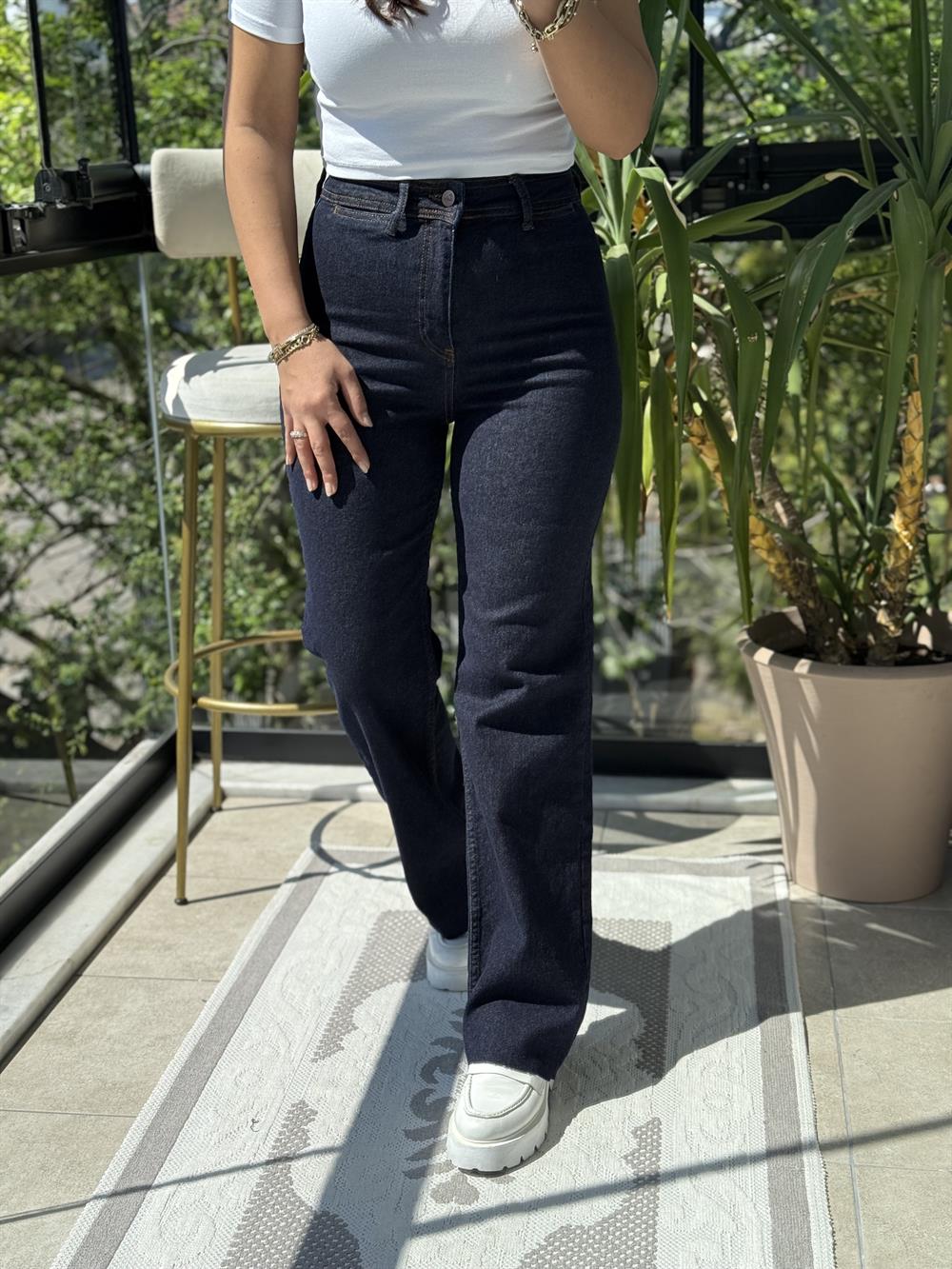 Dekoratif Cep Detaylı Palazzo Kot Pantolon Slaplı Lacivert