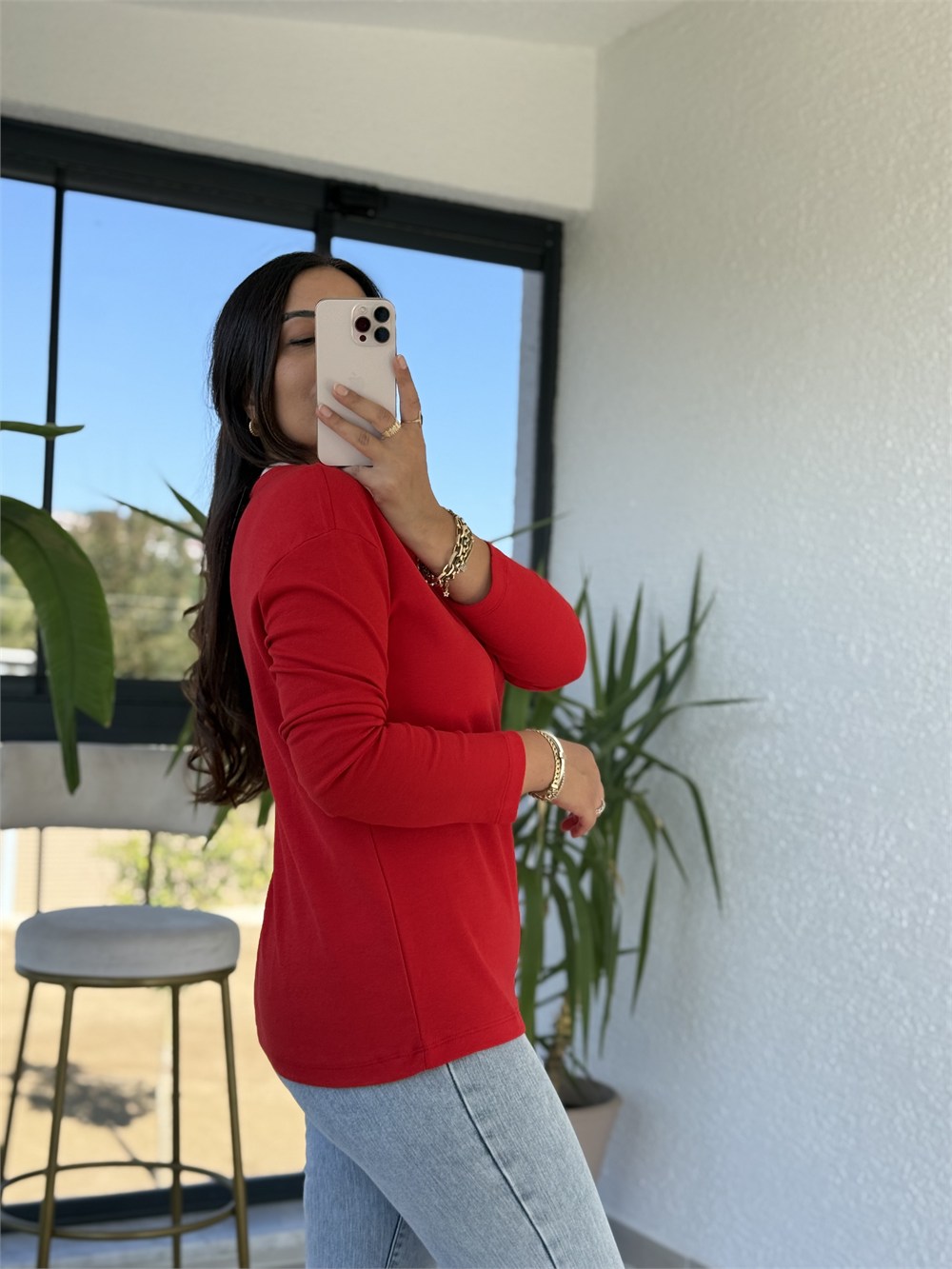 Yakası Biyeli Sweat Bluz Kırmızı