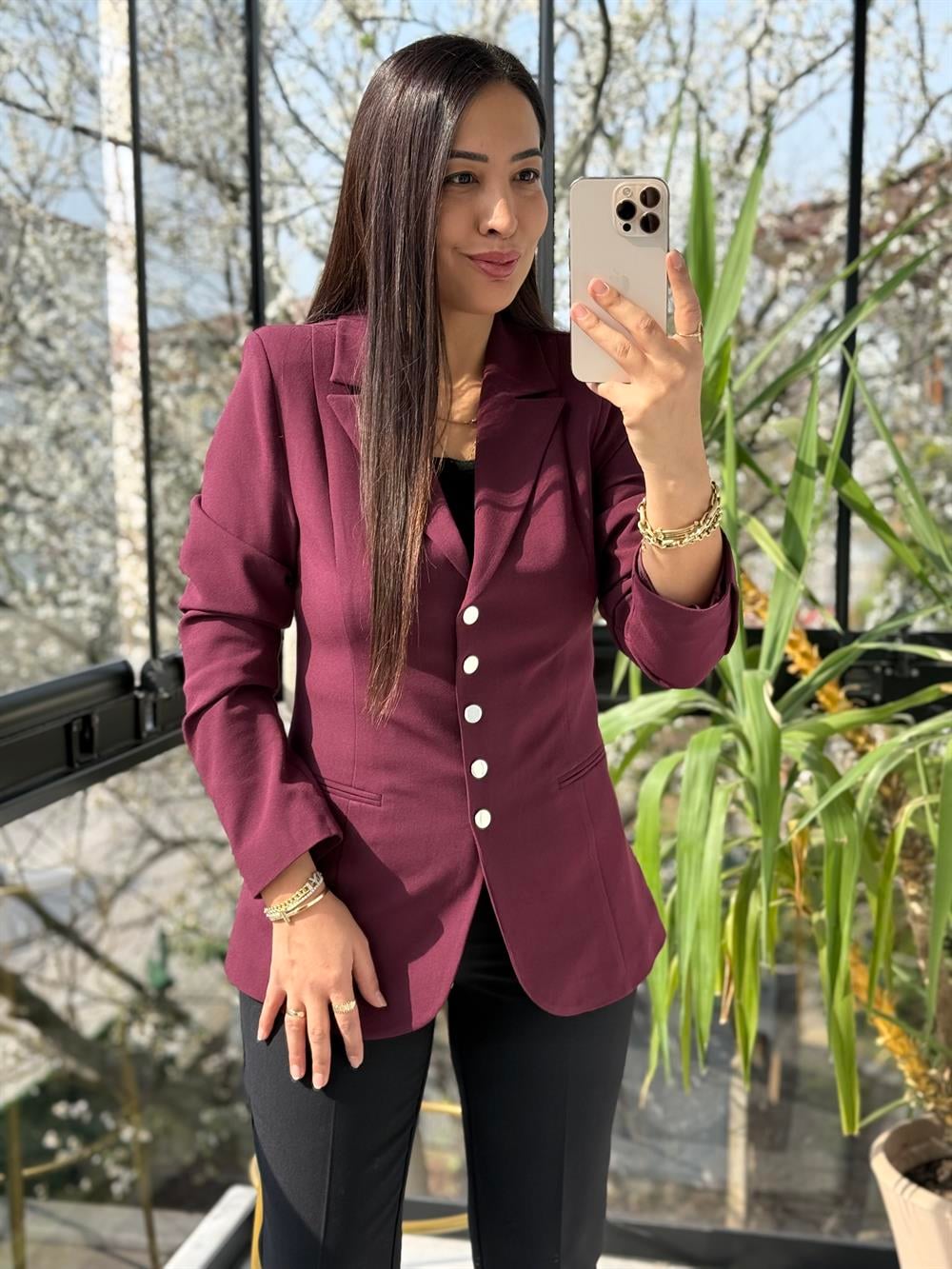 Beş Düğme Slimfit Blazer Ceket Bordo