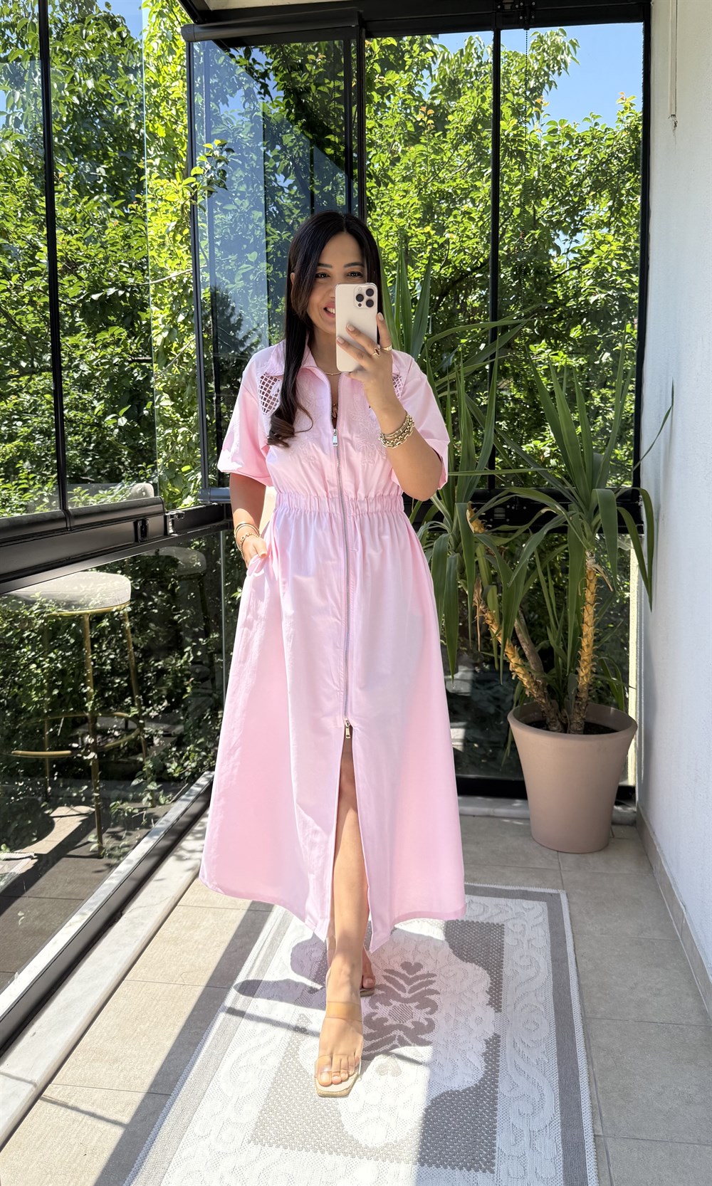 Nakışlı Fermuar Detaylı Elbise Pembe