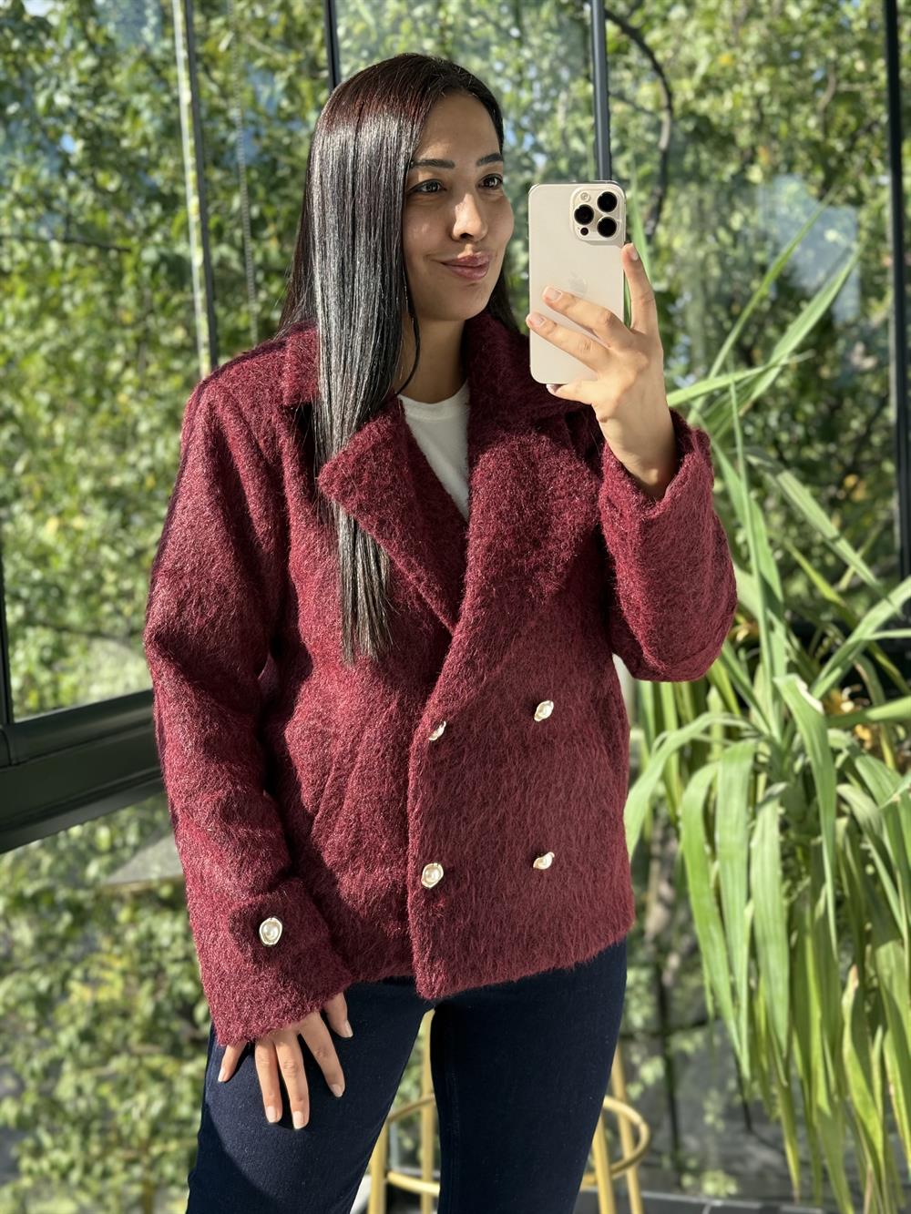 Gold Düğmeli Yün Kaban Ceket Bordo