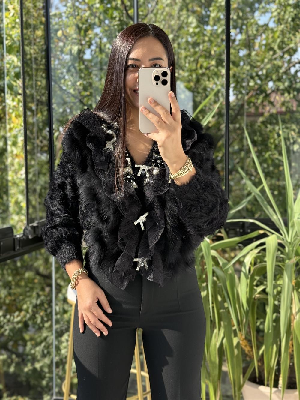 İthal Güllü İncili Hırka Siyah