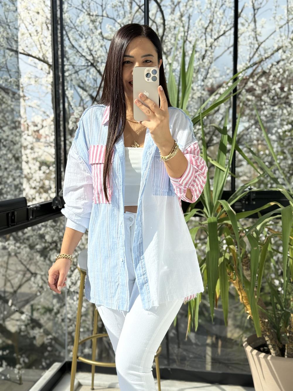 Cep Detaylı Çizgili Pamuklu Gömlek Beyaz